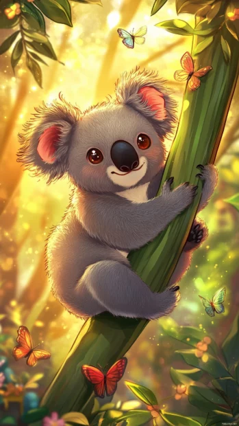 A chibi koala hugging a giant eucalyptus leaf, with little butterflies fluttering around and a sunny background.