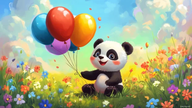 A chibi panda playing with colorful balloons in a bright, cheerful meadow filled with flowers.