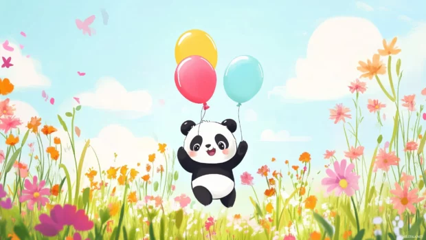 A chibi panda playing with colorful balloons in a bright, cheerful meadow filled with flowers.