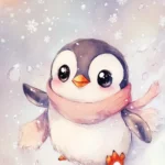 A chibi penguin sliding down an icy slope, with snowflakes falling and a cozy scarf wrapped around its neck.