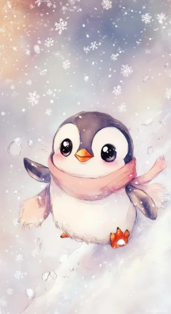 A chibi penguin sliding down an icy slope, with snowflakes falling and a cozy scarf wrapped around its neck.