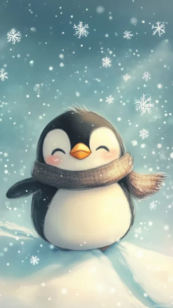 A chibi penguin sliding down an icy slope, with snowflakes falling and a cozy scarf wrapped around its neck.