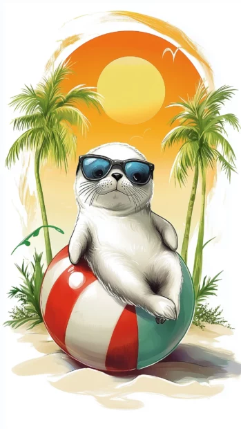 A chibi seal lounging on a beach ball, wearing sunglasses, with palm trees and a bright sun in the background.