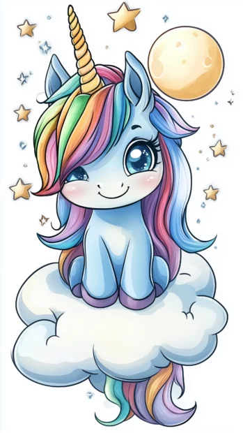 A chibi unicorn wallpaper HD with pastel rainbow mane, sitting on a fluffy cloud, surrounded by twinkling stars and moons.