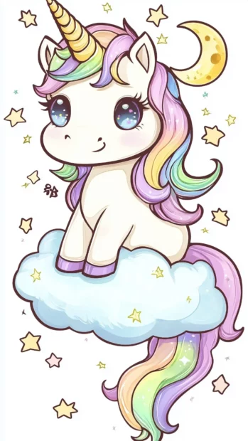 A chibi unicorn with pastel rainbow mane, sitting on a fluffy cloud, surrounded by twinkling stars and moons.