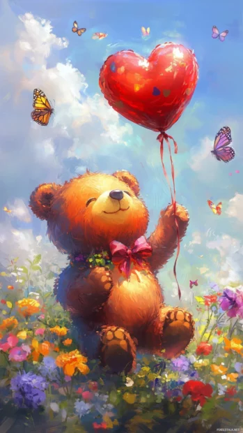 A chubby Kawaii bear holding a heart shaped balloon.