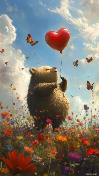 A chubby Kawaii bear holding a heart shaped balloon, surrounded by colorful flowers and butterflies, enjoying a sunny day.