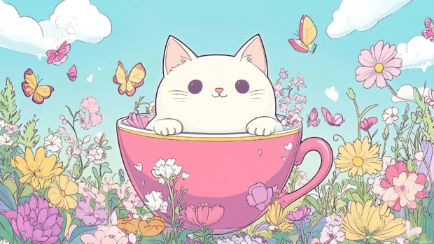 A chubby Kawaii cat lounging in a giant teacup, surrounded by pastel colored flowers and butterflies.