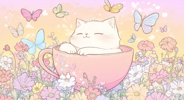 A chubby Kawaii cat lounging in a giant teacup, surrounded by pastel colored flowers and butterflies.