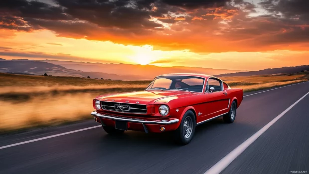 A classic 1960s Ford Mustang GT in red, cruising down an open highway with a dramatic sunset in the background.