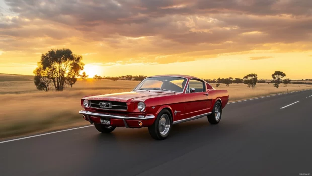 A classic 1960s Ford Mustang GT in red, cruising down an open highway with a dramatic sunset in the background.