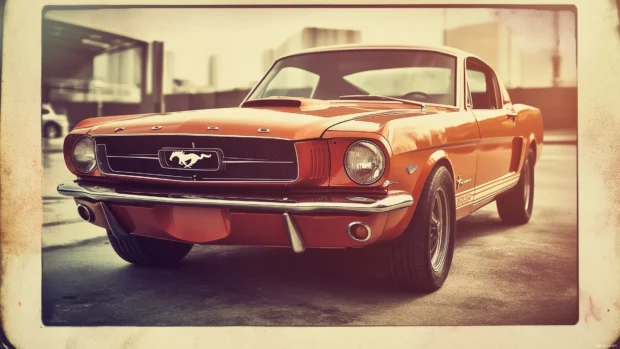 A classic 1960s Ford Mustang captured in a faded Polaroid frame.