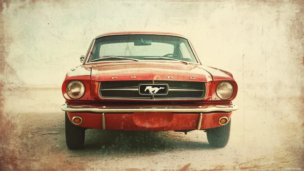 A classic 1960s Ford Mustang captured in a faded Polaroid frame, with a retro film grain effect and warm tones.