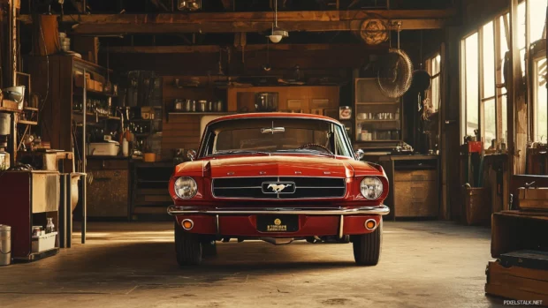 A classic 1960s Mustang parked in a vintage garage, bathed in warm ambient light with chrome details gleaming and a retro aesthetic surrounding it.