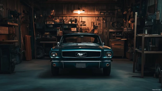 A classic 1960s Mustang parked in a vintage garage, bathed in warm ambient light with chrome details gleaming and a retro aesthetic surrounding it.