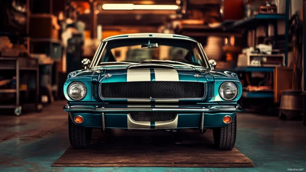 A classic 1960s Mustang parked in a vintage garage, bathed in warm ambient light with chrome details gleaming and a retro aesthetic surrounding it.