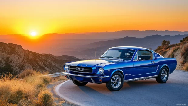 A classic 1965 Ford Mustang Coupe in royal blue.