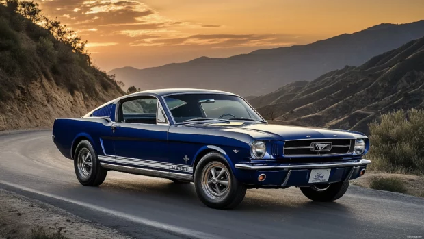 A classic 1965 Ford Mustang Coupe in royal blue, captured on a winding mountain road with a backdrop of rugged terrain and sunset .