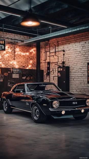 A classic 1969 Camaro SS with black racing stripes.