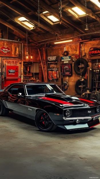 A classic 1969 Camaro SS with black racing stripes, parked in a nostalgic garage.