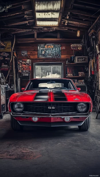 A classic 1969 Camaro SS with black racing stripes, parked in a nostalgic garage with vintage signage and retro lighting.