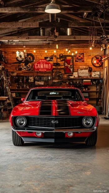 A classic 1969 Camaro SS with black racing stripes, parked in a nostalgic garage with vintage signage and retro lighting.