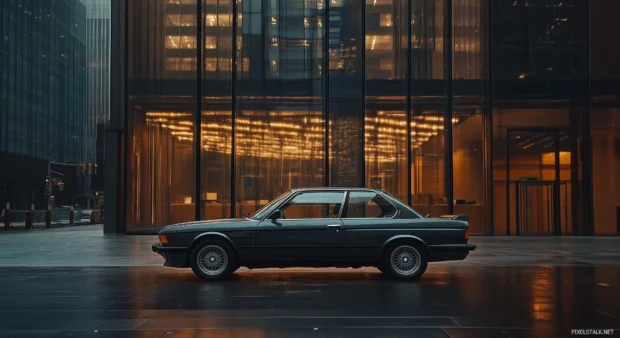 A classic BMW 3 Series parked in front of a modern urban building.