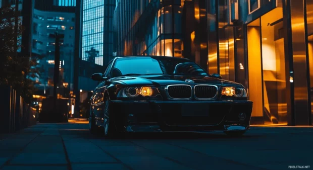 A classic BMW 3 Series parked in front of a modern urban building at dusk.