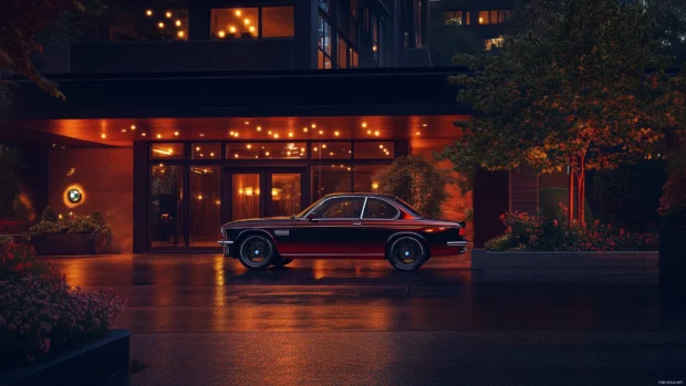 A classic BMW 3 Series parked in front of a modern urban building at dusk, with the city lights starting to illuminate the surroundings.