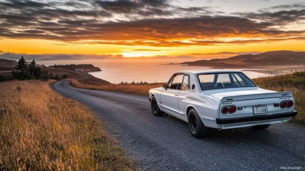 A classic JDM car like a Nissan Skyline, parked by a scenic coastal road with a sunset in the background, showcasing its iconic design.