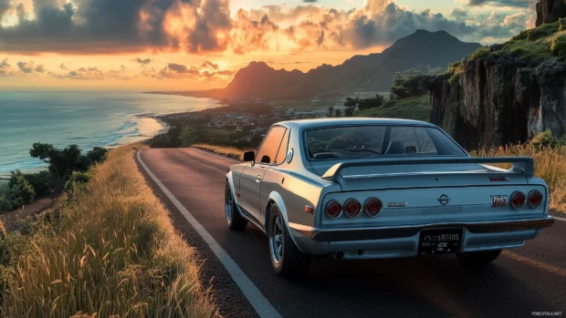 A classic JDM car like a Nissan Skyline, parked by a scenic coastal road with a sunset in the background, showcasing its iconic design.