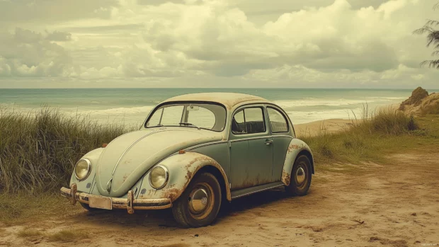 A classic Volkswagen Beetle parked at a beach, photographed with a Polaroid filter and slightly worn edges.