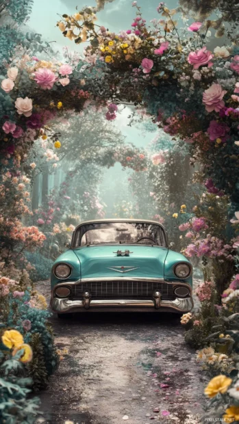 A classic car framed by an arched garden pathway covered with blooming flowers.