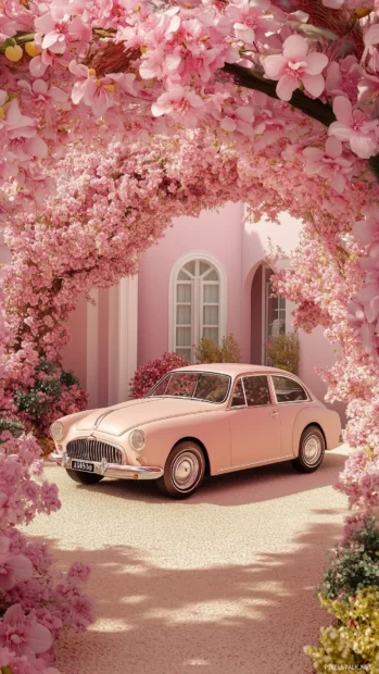 A classic car framed by an arched garden pathway covered with blooming flowers, set against a dreamy background of soft pastel colors.