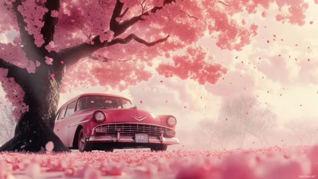 A classic car parked under blooming cherry blossom trees.