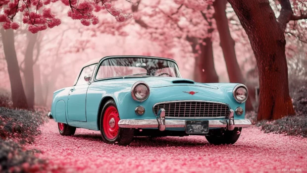 A classic car parked under blooming cherry blossom trees, petals scattered around it.