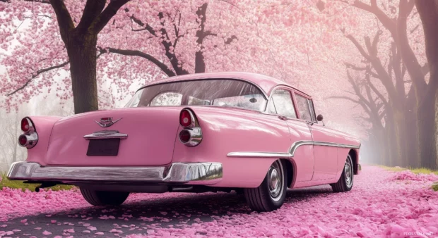 A classic car parked under blooming cherry blossom trees, petals scattered around it.