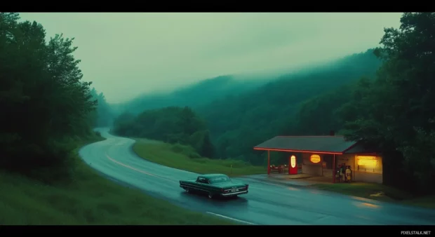 A classic car speeding down a winding road through a foggy mountain landscape, with a retro gas station glowing in the distance.