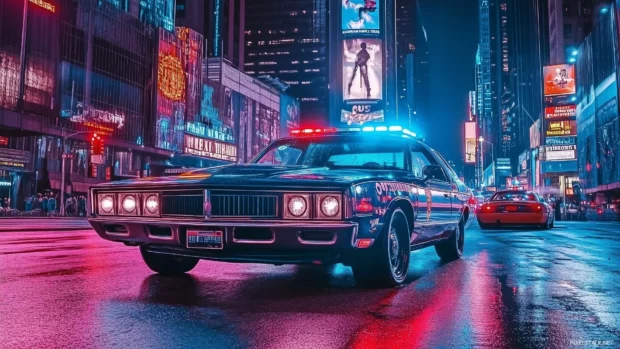 A classic police car with flashing blue and red lights, cruising through an empty city street with skyscrapers and glowing signs around it.