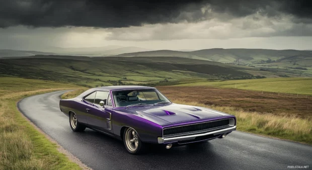 A classic purple muscle car, like a Dodge Charger.