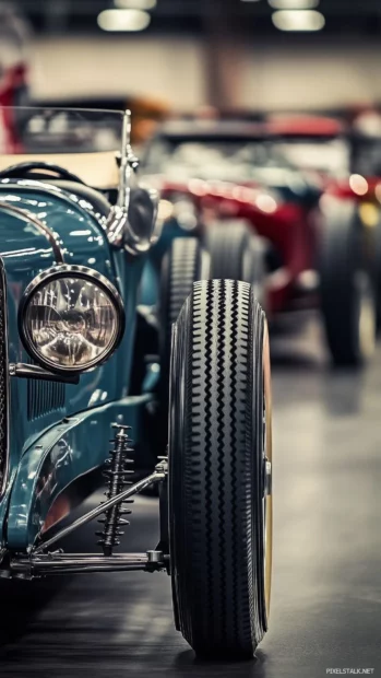 A classic race car on display at a classic car show, with other vintage vehicles in the background.