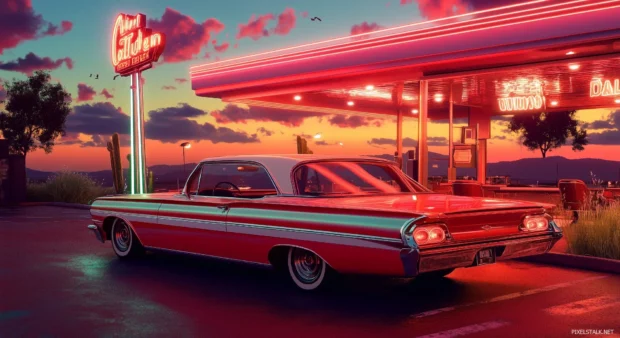 A classic retro car parked on a vintage diner parking lot with neon lights glowing in the background.