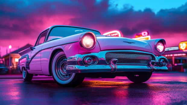 A classic retro car parked on a vintage diner’s parking lot with neon lights glowing in the background, a warm sunset sky casting a nostalgic glow.