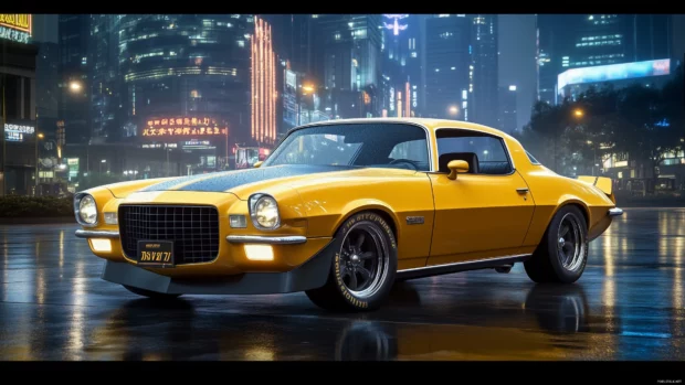 A classic yellow Camaro in front of a neon lit cityscape at night.