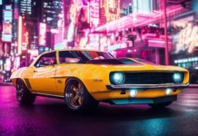 A classic yellow Camaro in front of a neon lit cityscape at night.