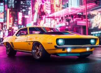 A classic yellow Camaro in front of a neon lit cityscape at night.