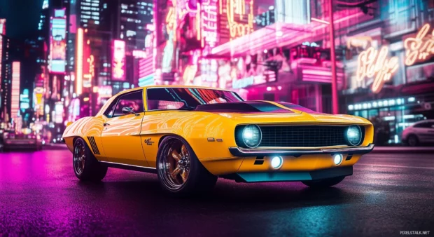 A classic yellow Camaro in front of a neon lit cityscape at night.