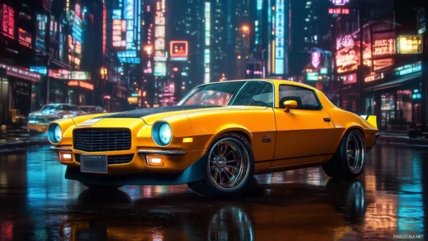 A classic yellow Camaro in front of a neon lit cityscape at night, the lights reflecting off the car’s glossy surface.