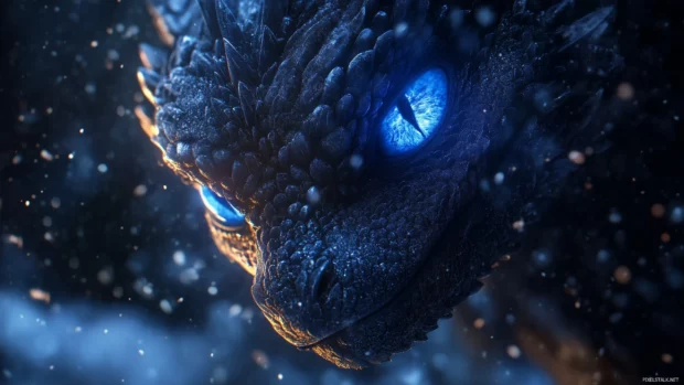 A close up of a blue Dragon face, its icy blue eyes glowing intensely, and frost forming on the tips of its scales, against a dark stormy sky.