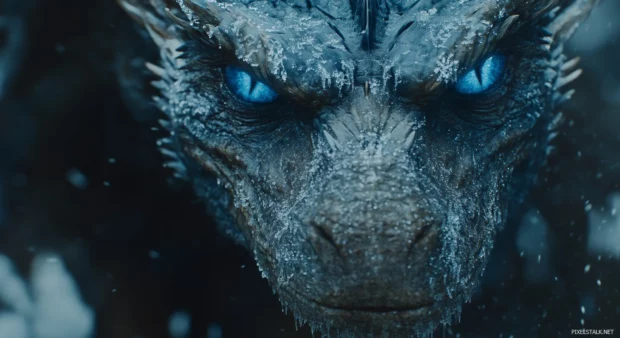 A close up of a blue Dragons face, its icy blue eyes glowing intensely.